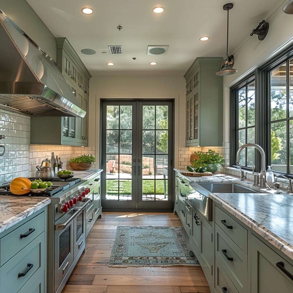 galley style kitchen with green cabinets and large windows