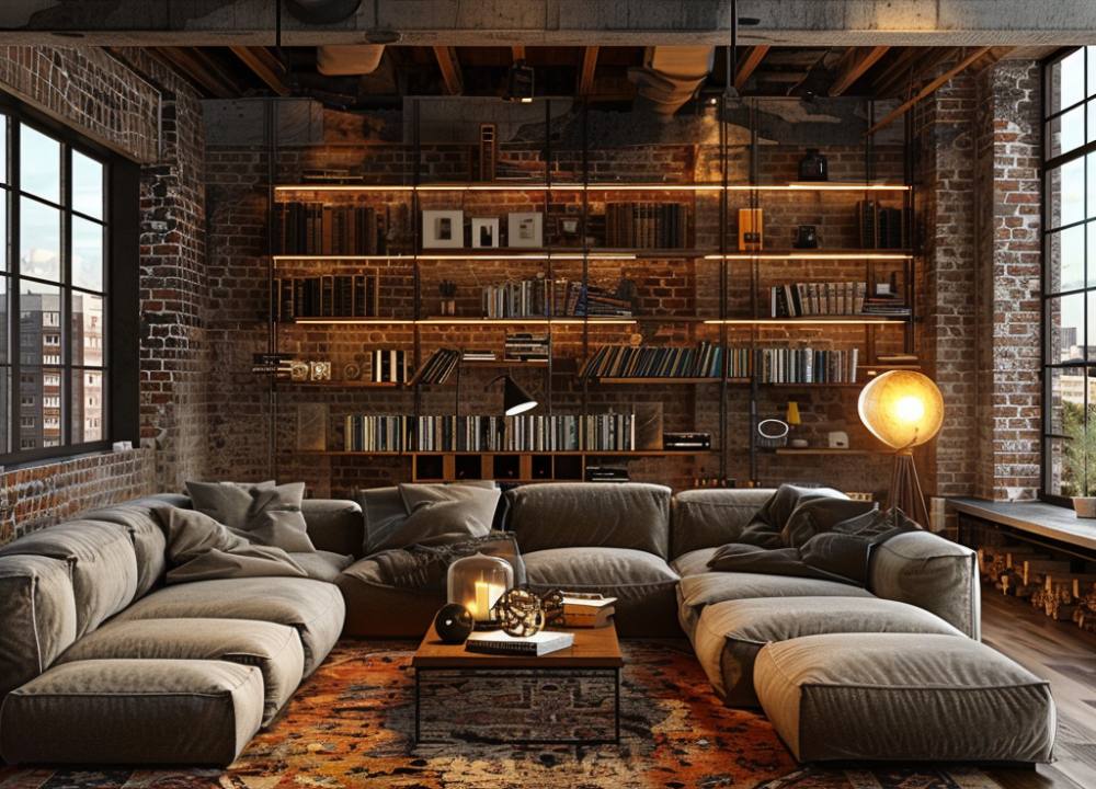 an industrial style loft with comfy U-shaped couch, metal and wood bookcase and exposed brick