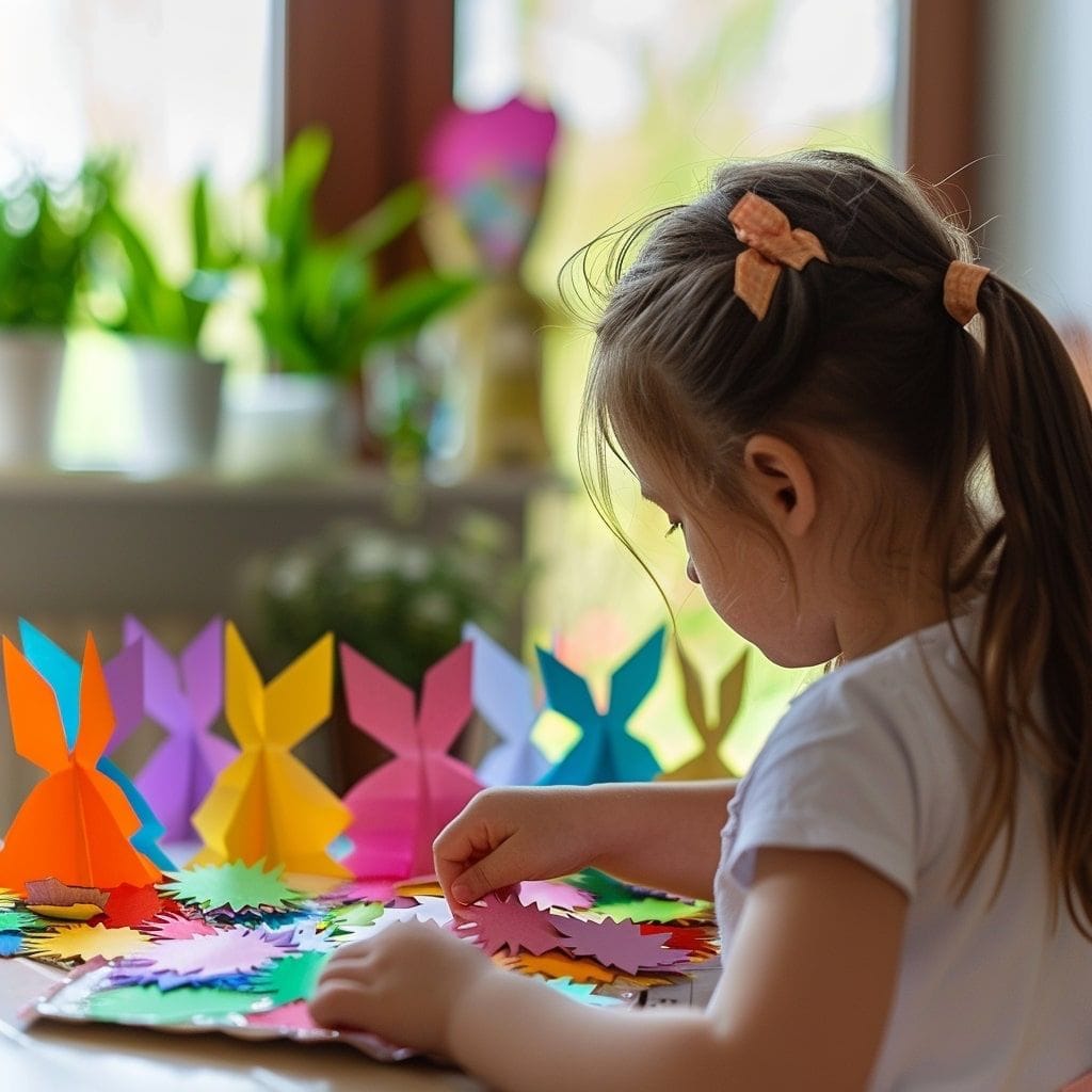une petite fille de 5 ans qui crée des décorations de Pâques en papier