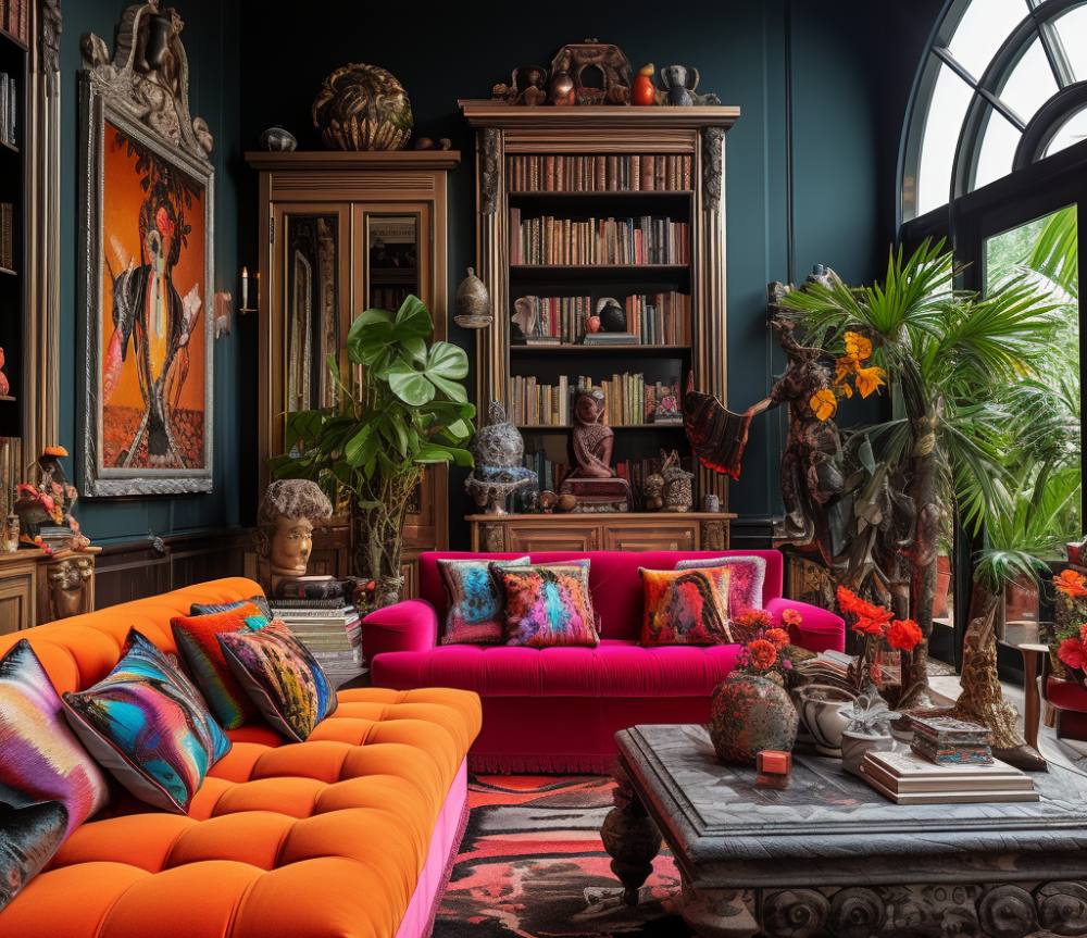 living room design with maximalist style