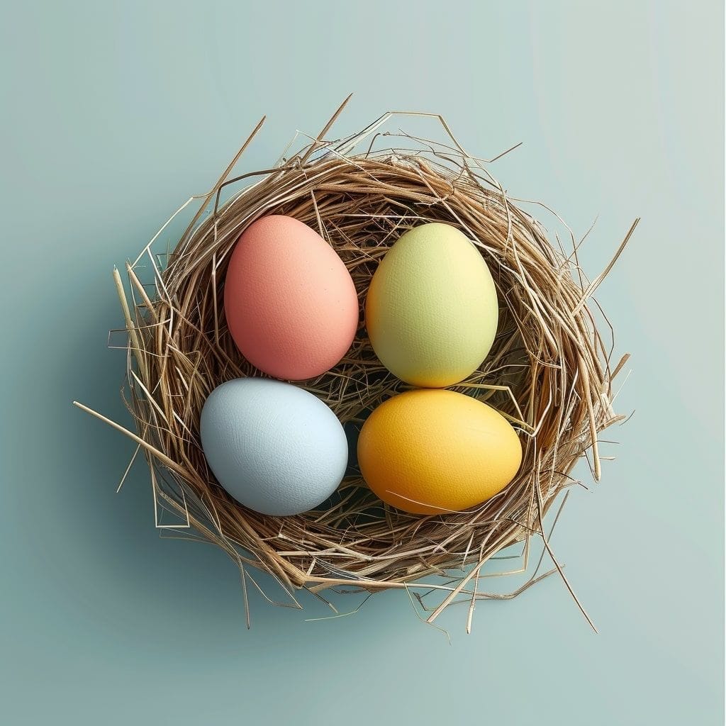 quatre œufs de Pâques décoratifs dans un nid aux couleurs pastel
