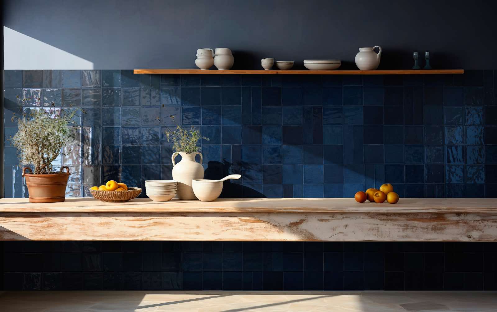 cocina con azulejos zellige azul marino. decocer. coverings 2024