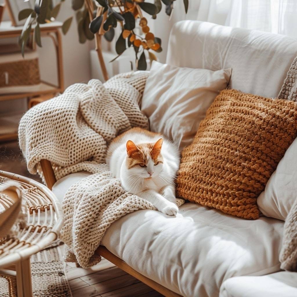 canapé doux et confortable avec des coussins orange et crème et un chat blanc-orange