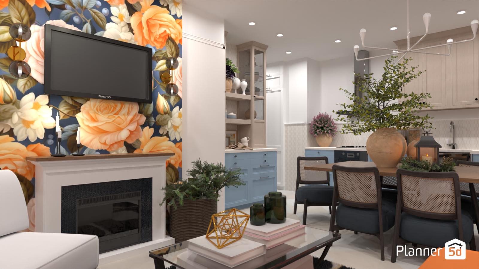 cocina azul abierta a sala de estar con papel de pared pintado, planner 5d