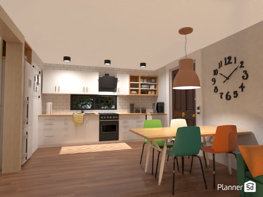 cocina de diseño sencilla blanca y de madera, render 3d planner 5d