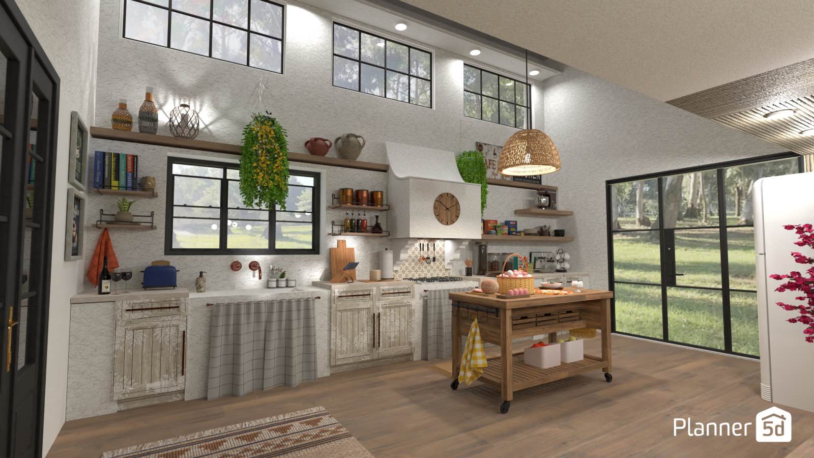 cocina de diseño rústica blanca con madera, render en planner 5d