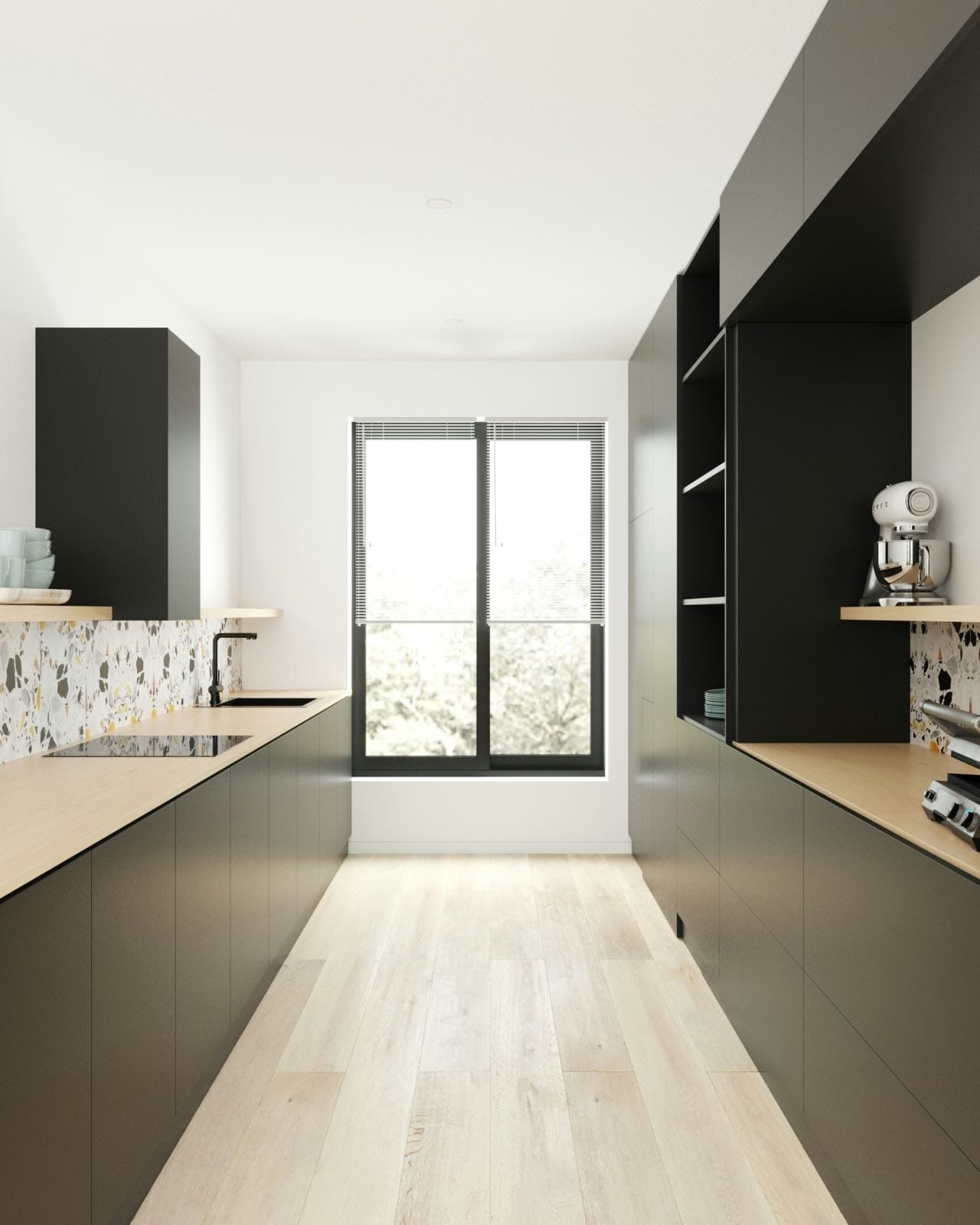 cocina de diseño negra con madera y terrazzo