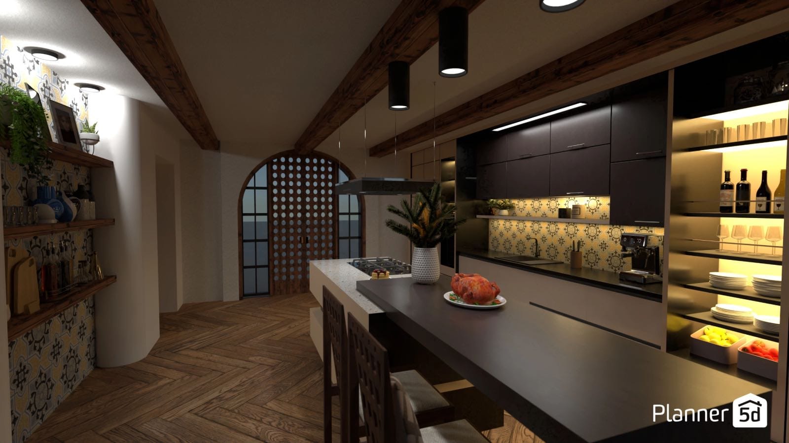 cocina de diseño moderno con azulejos pintados, render planner 5d