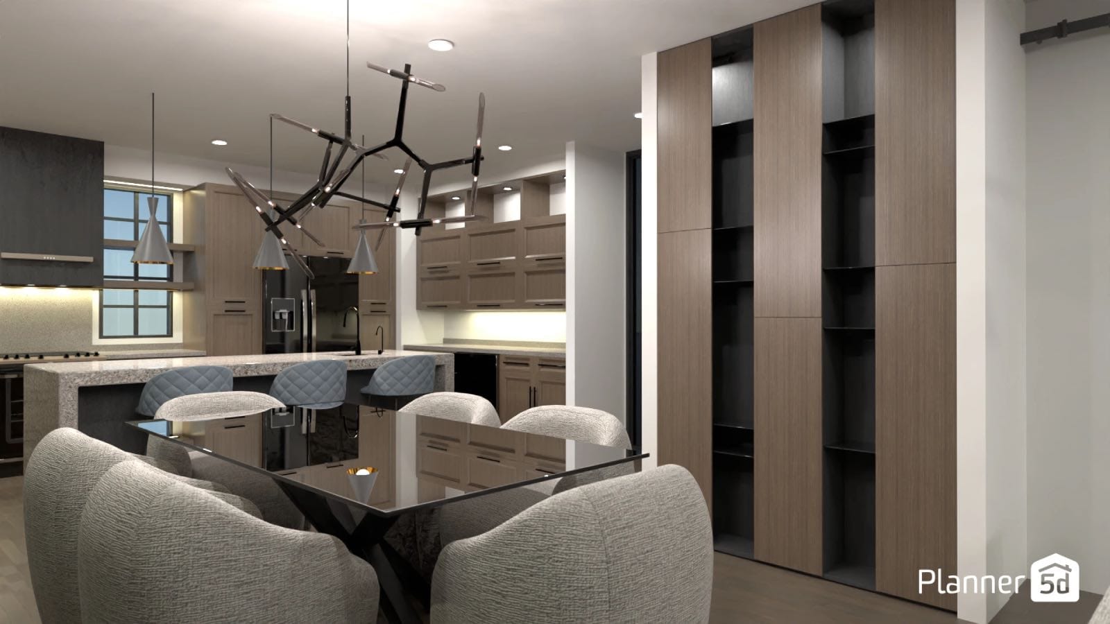 cocina-comedor de diseño moderno con muebles de madera, render 3D planner 5D
