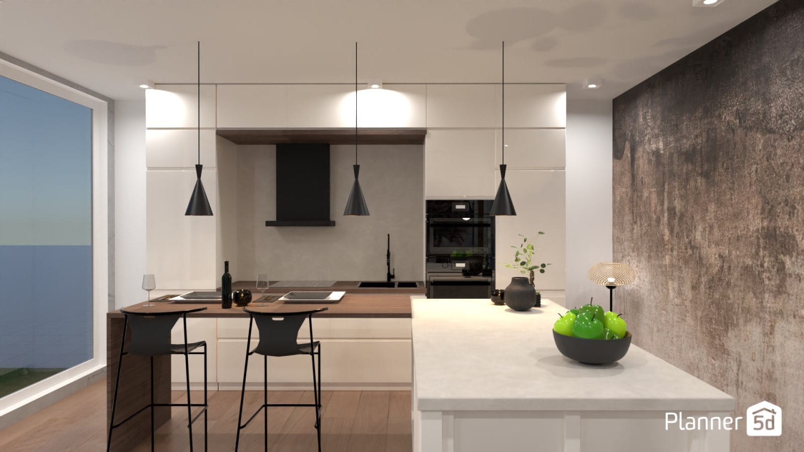 cocina de diseño minimalista blanca, render planner 5d