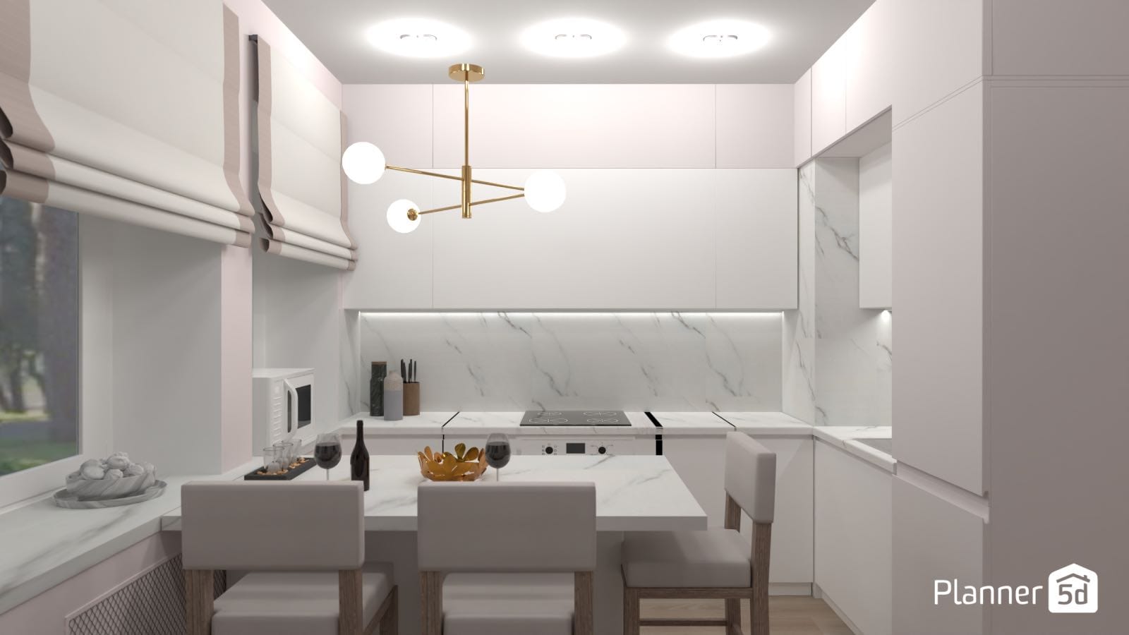 cocina de diseño minimalista con barra para comer, render 3d planner 5d
