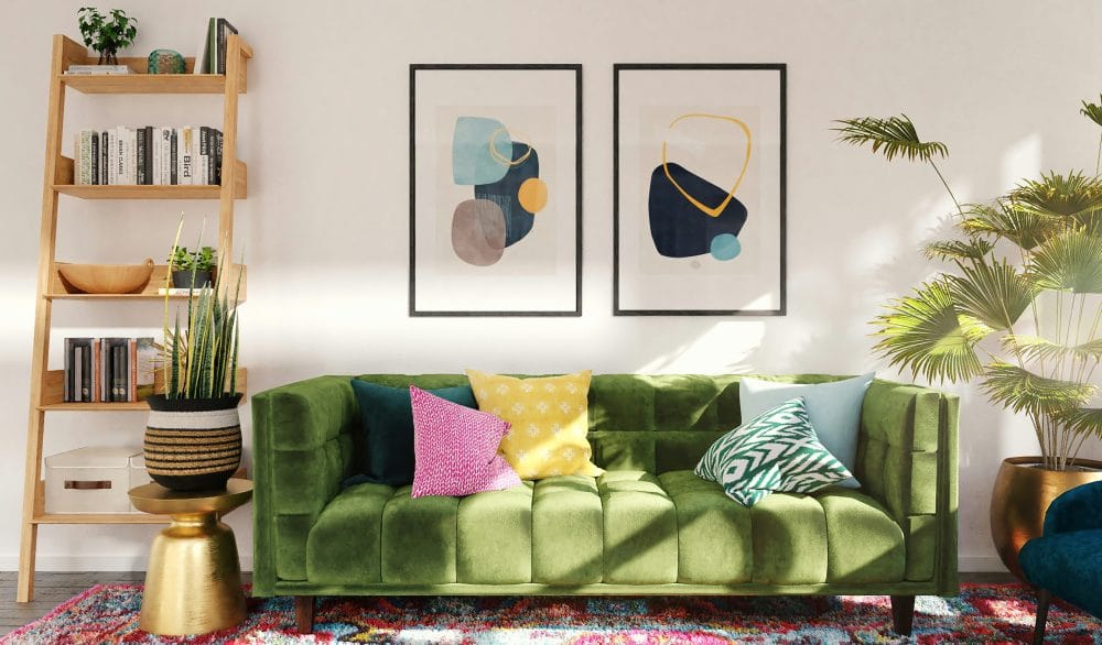 green couch with colorful rug and white walls