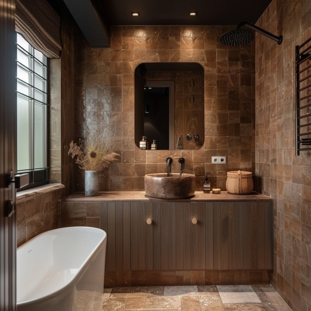 Gemütliches, einladendes Badezimmer mit warmen Brauntönen