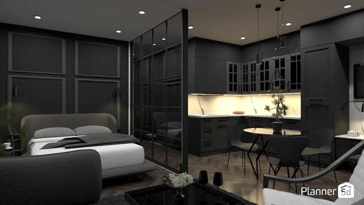 render de diseño de dormitorio moderno en apartamento tipo estudio