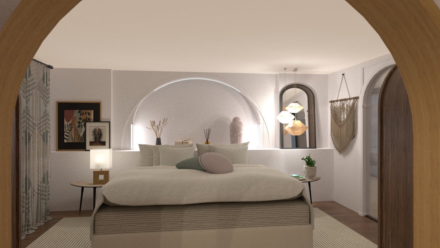 diseño de dormitorio moderno boho chic, render 3d diseño de interiores