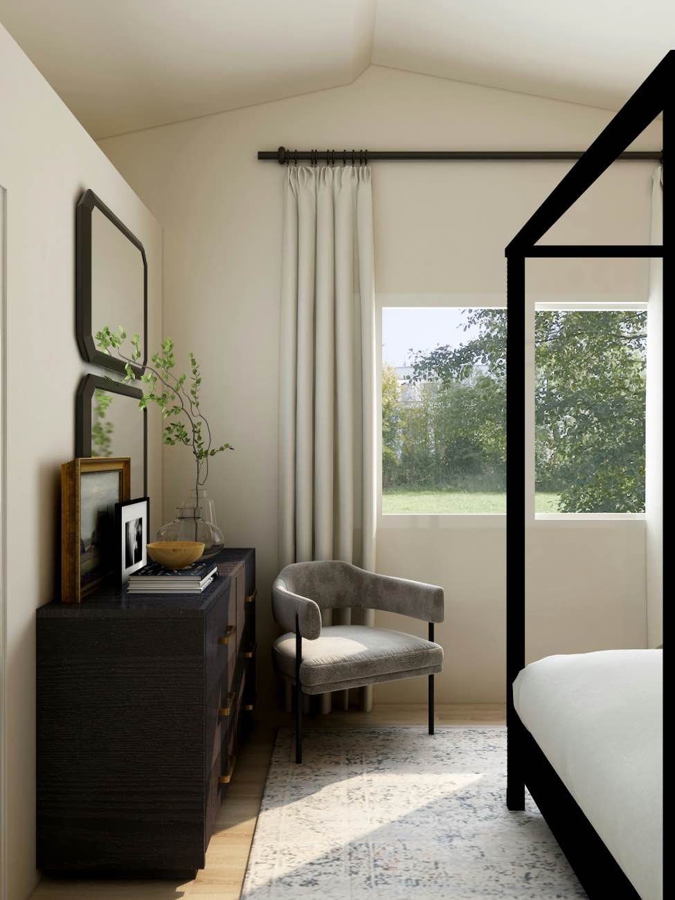diseño de dormitorios con muebles oscuros y silla gris