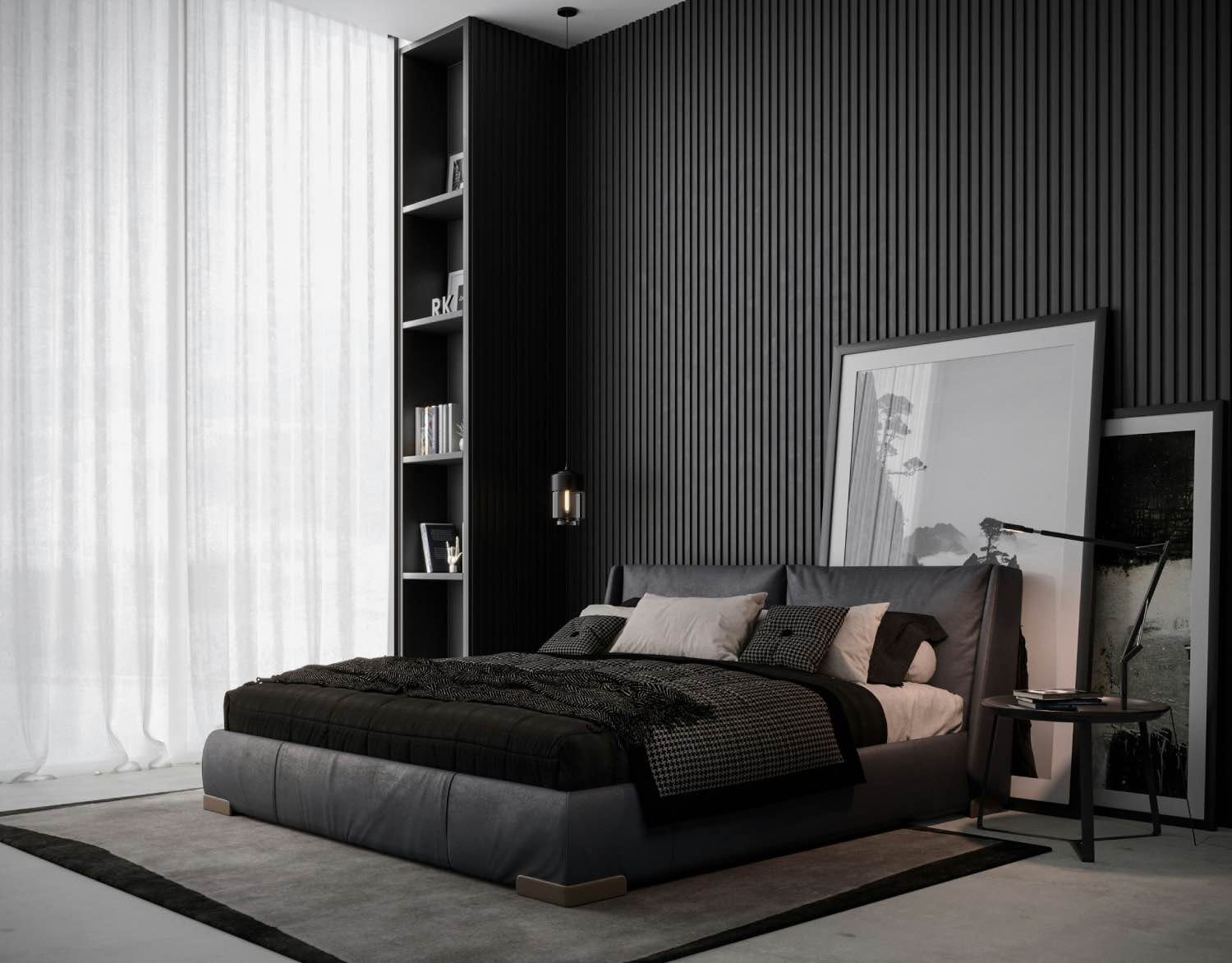 decoración de dormitorio moderno negro con cortinas blancas