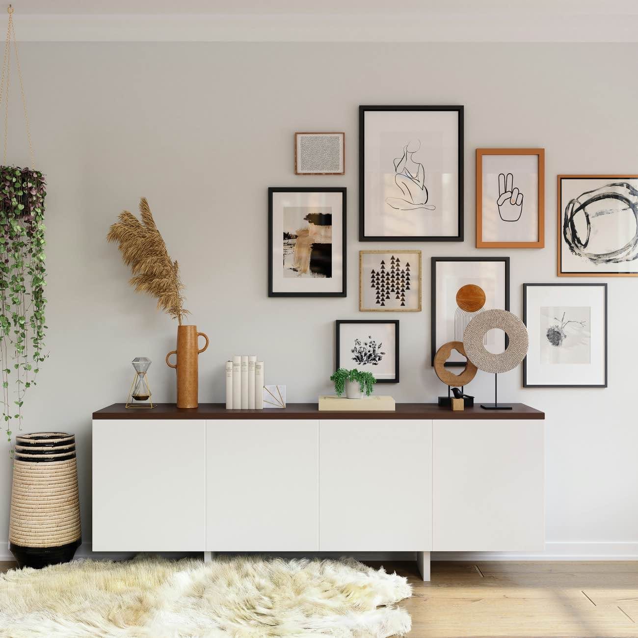 decoración de salas de estar, salón minimalista con pared galería con arte