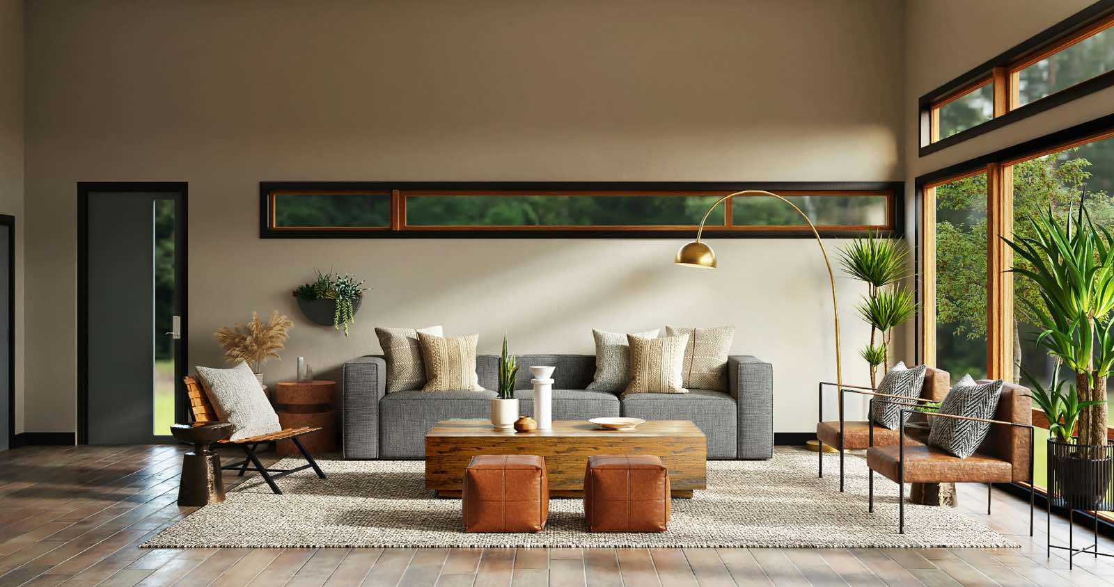 sala de estar de diseño moderno con sofá gris y ventanales