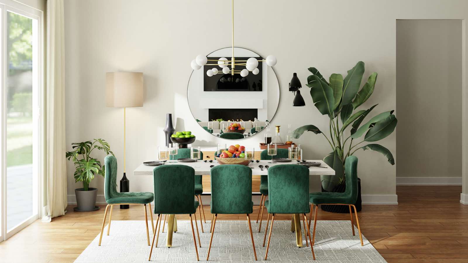 decoración de salón-comedor con sillas verde esmeralda