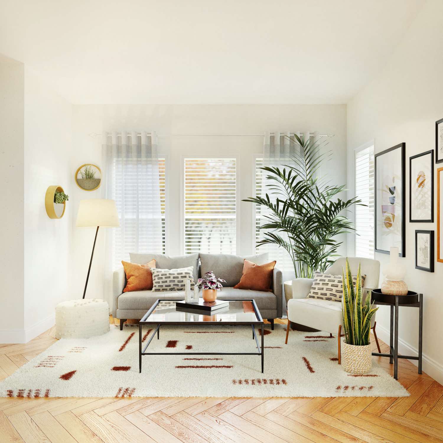 diseño de sala de estar de colores blancos y grises, con plantas y decoración