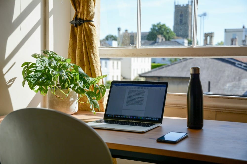 bureau installé près d'une fenêtre avec un ordinateur portable et une plante en pot