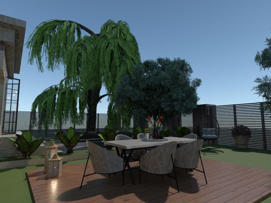render 3d de diseño de jardines, vegetación, mesa de comedor, patio