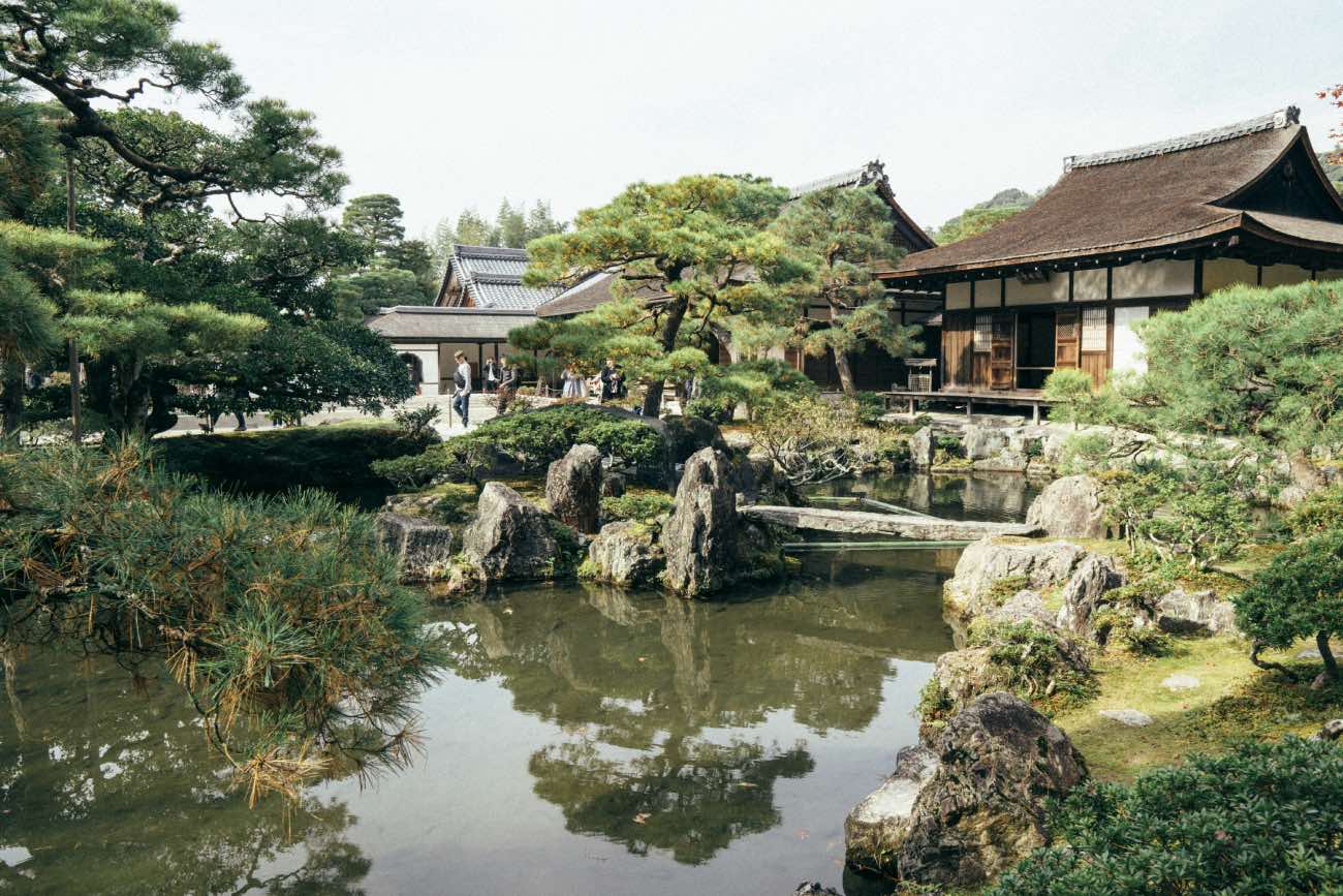 jardín en japón con estanque, vegetación y rocas