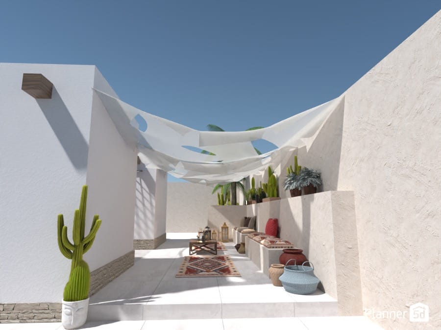 render 3d de patio de estilo mediterráneo blanco con muros