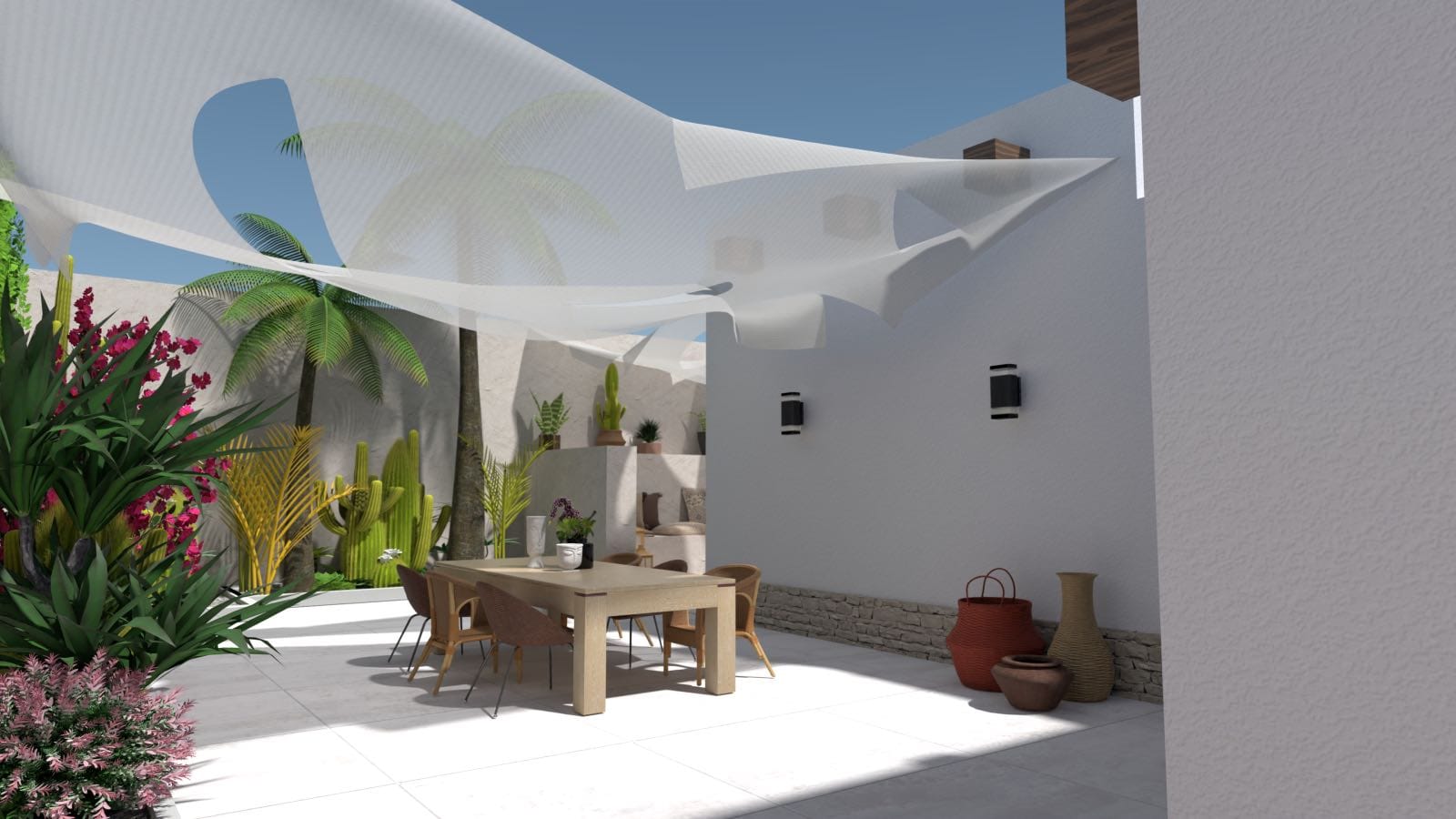 diseño de jardín de estilo mediterráneo con patio blanco, render 3d, comedor