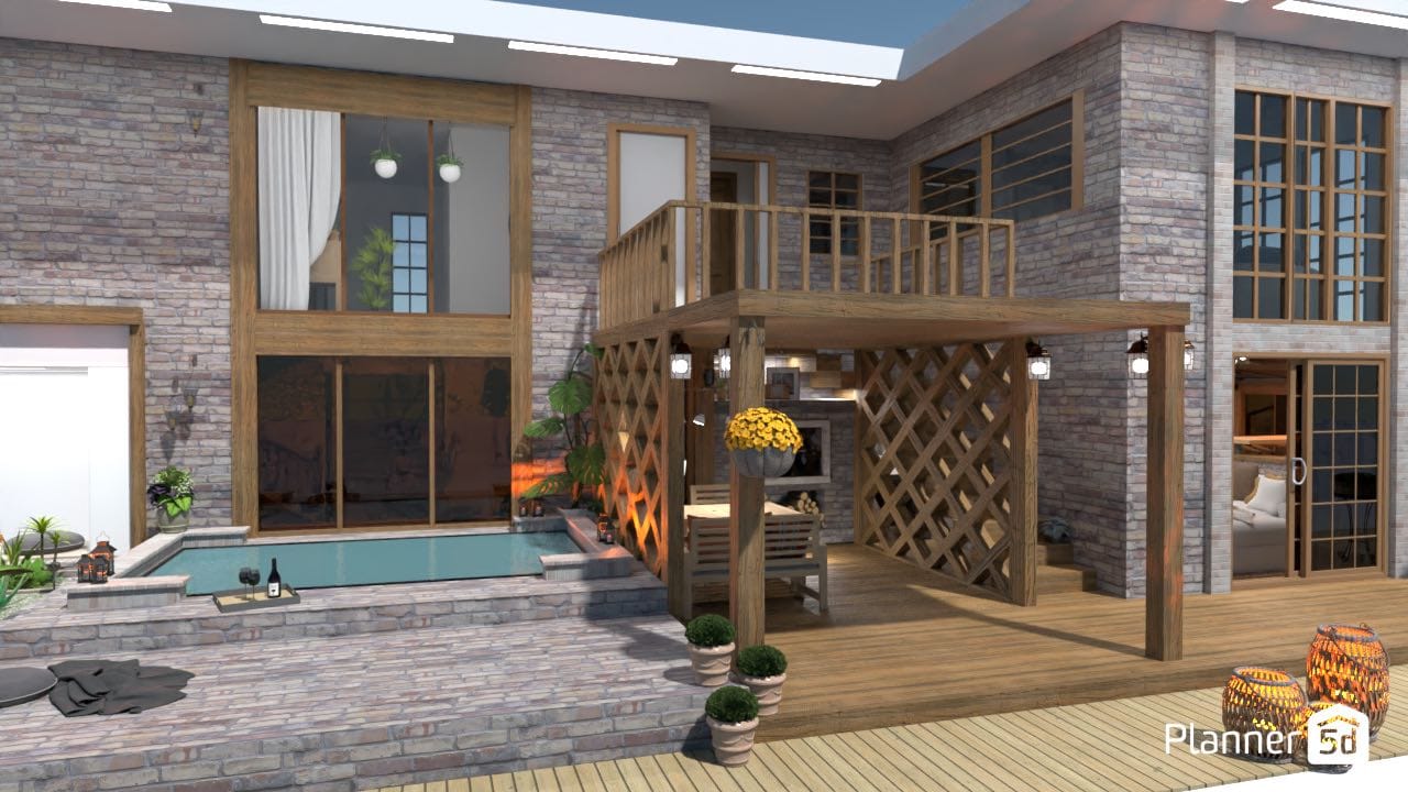 render 3d, casa con jardín, patio con comedor y piscina