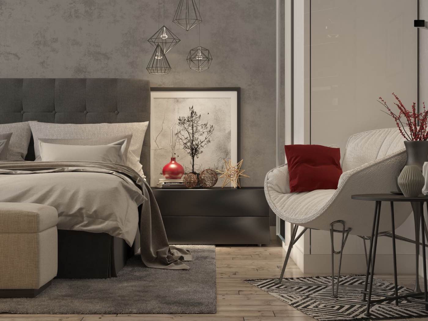 diseño de interiores, dormitorio contemporáneo con decoraciones rojas