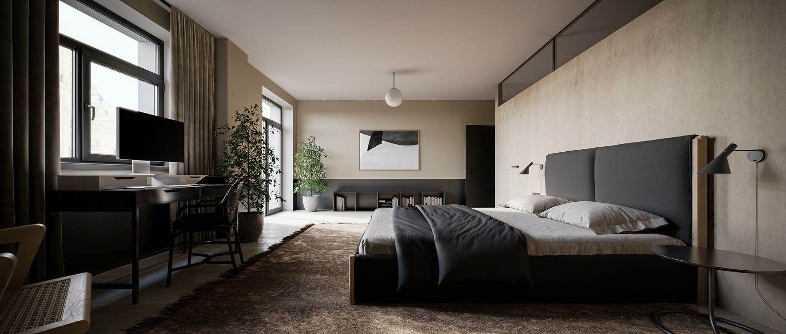 dormitorio de estilo contemporáneo, cama negra moderna