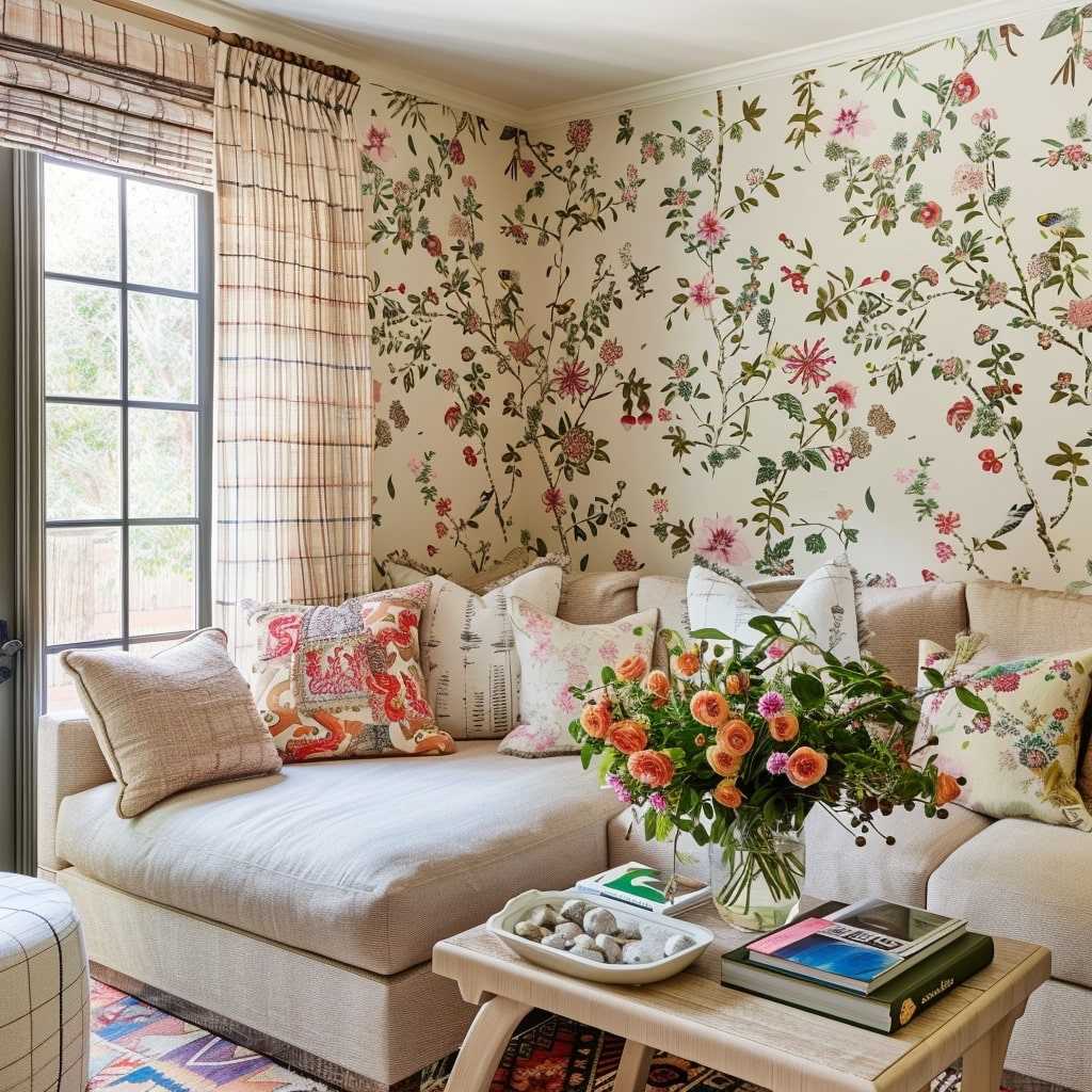 Blumentapete, Blumenkissen und eine Vase mit Blumen in einem fröhlichen Wohnzimmer