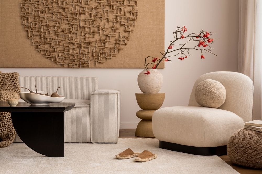 braune und beigefarbene Wohnzimmerecke mit geometrisch geformten Möbeln