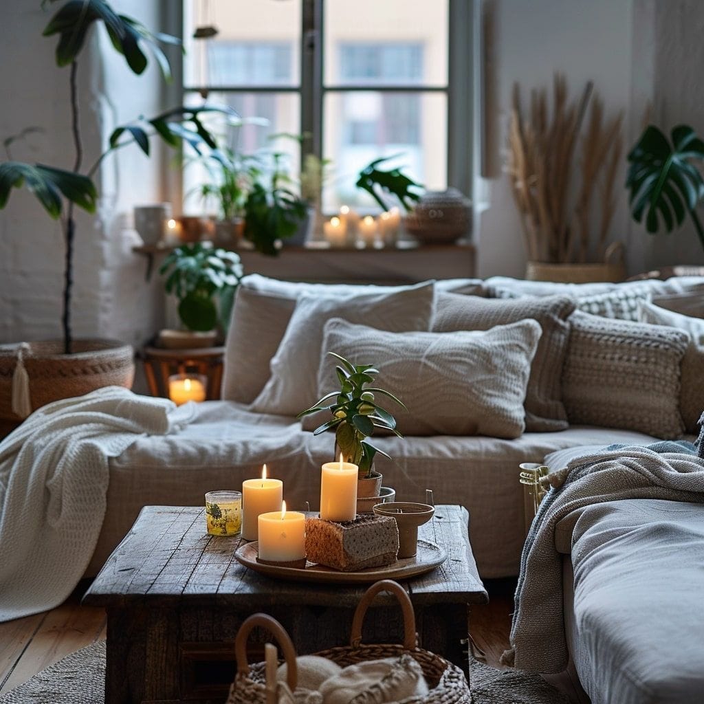 Hygge-Interieur mit Pflanzen, trockenem Schilf, Kerzen, Decken und Kissen