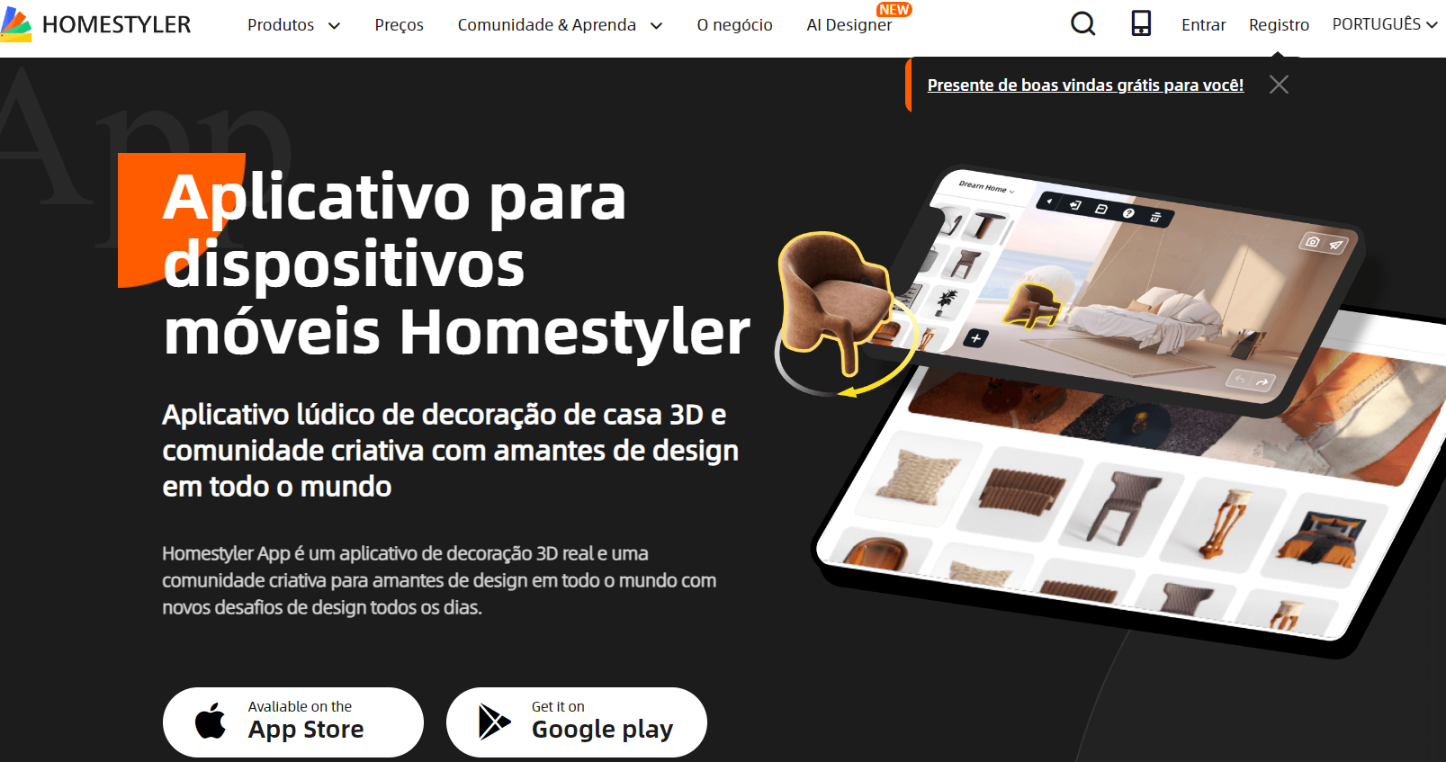 Homepage homestyler ferramenta Inteligência Artificial para design de interiores e arquitetura
