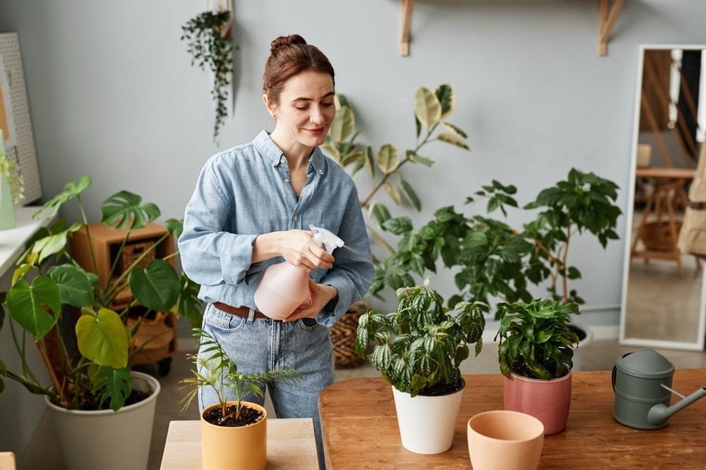 una donna che spruzza acqua su una pianta in vaso, circondata da altre piante