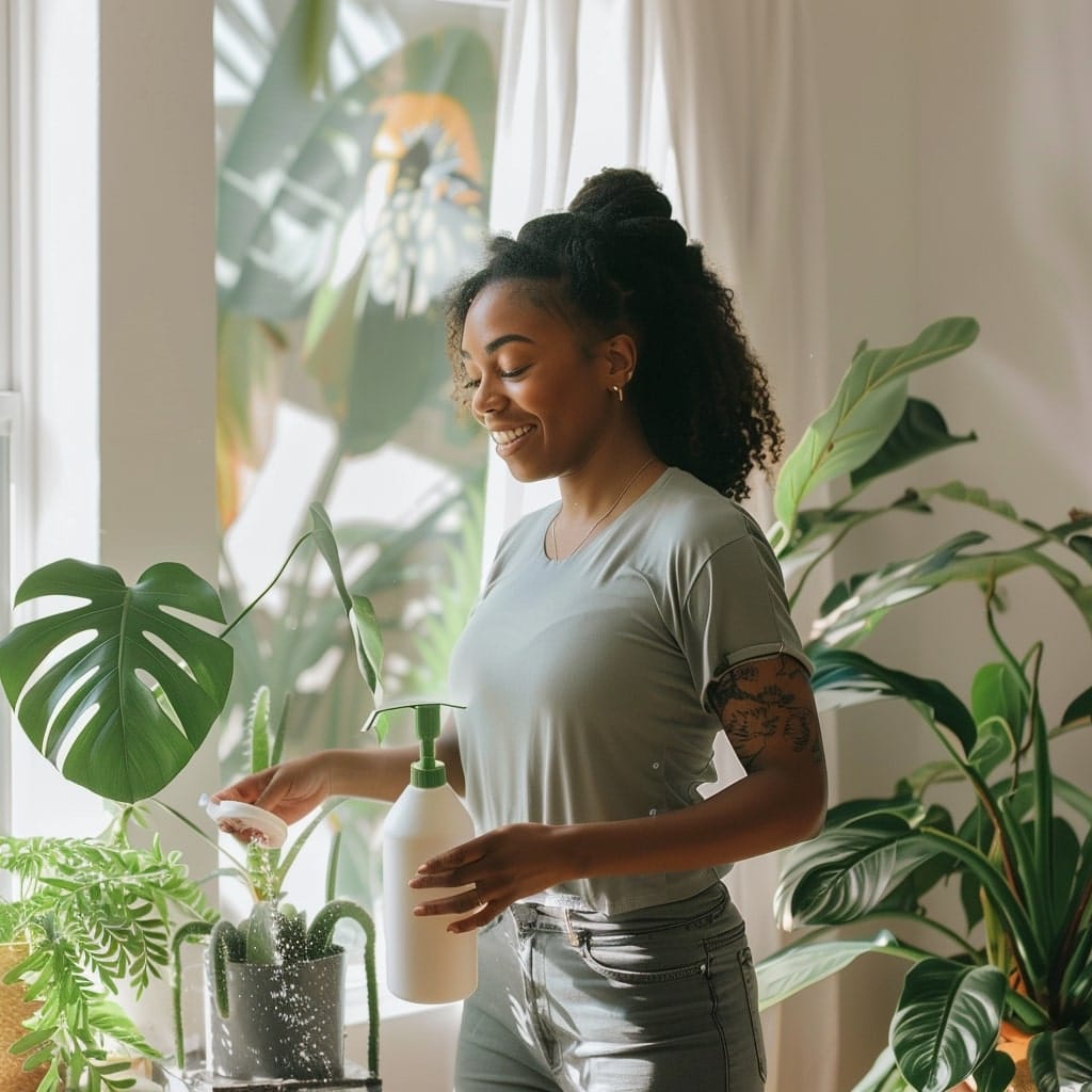 african american girl spraying water on a monstera