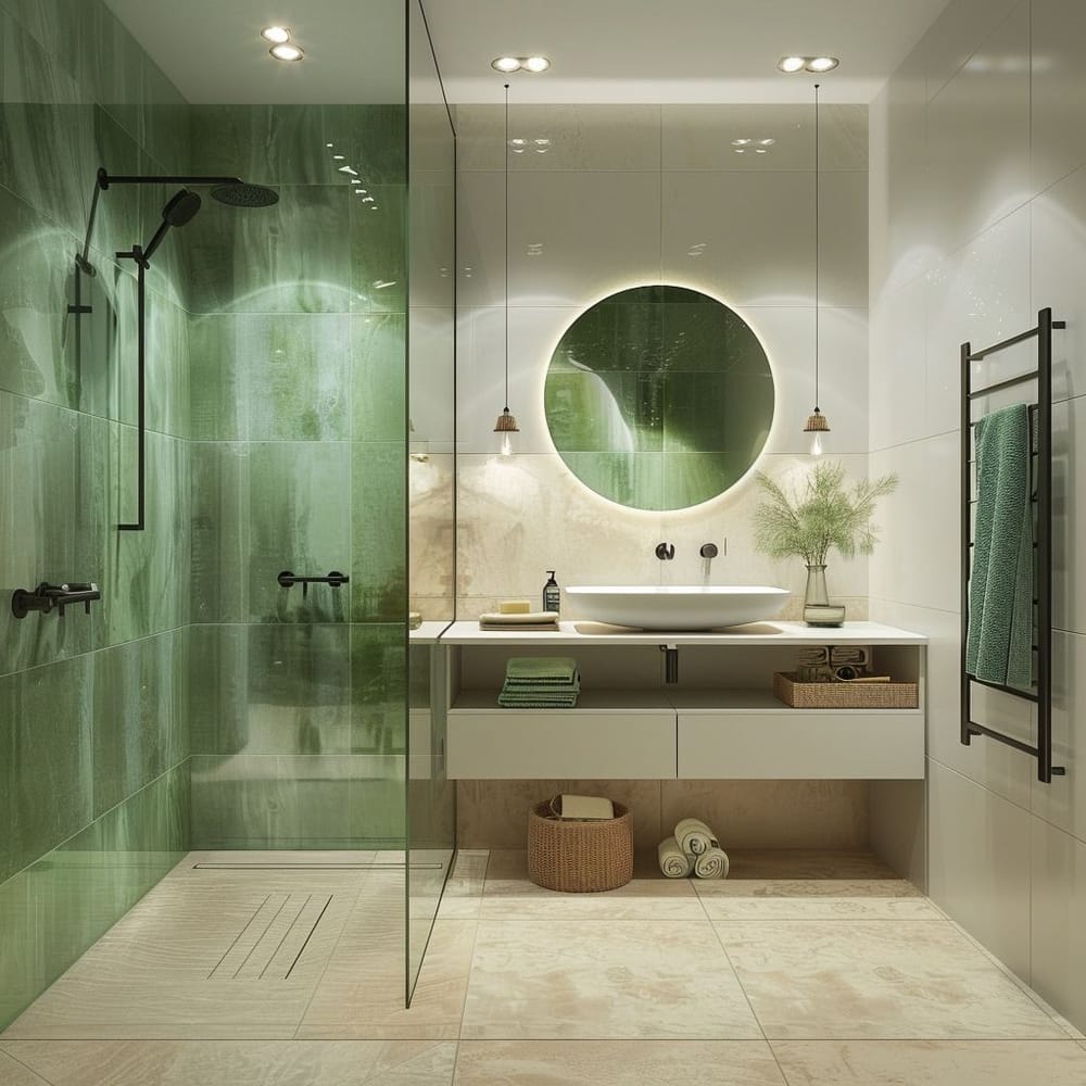 Banheiro moderno com paleta de cores neutras