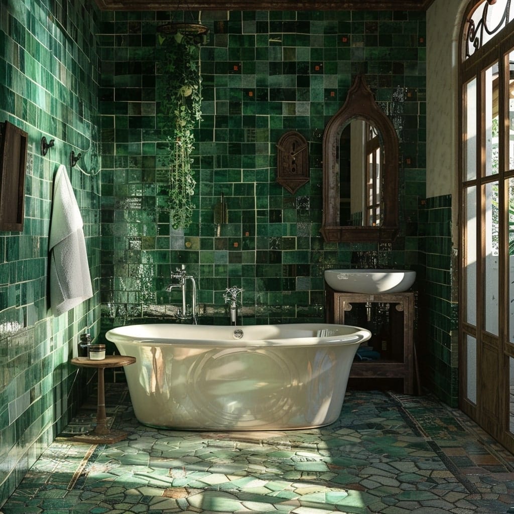 salle de bain rustique couverte de carreaux de zellige verts