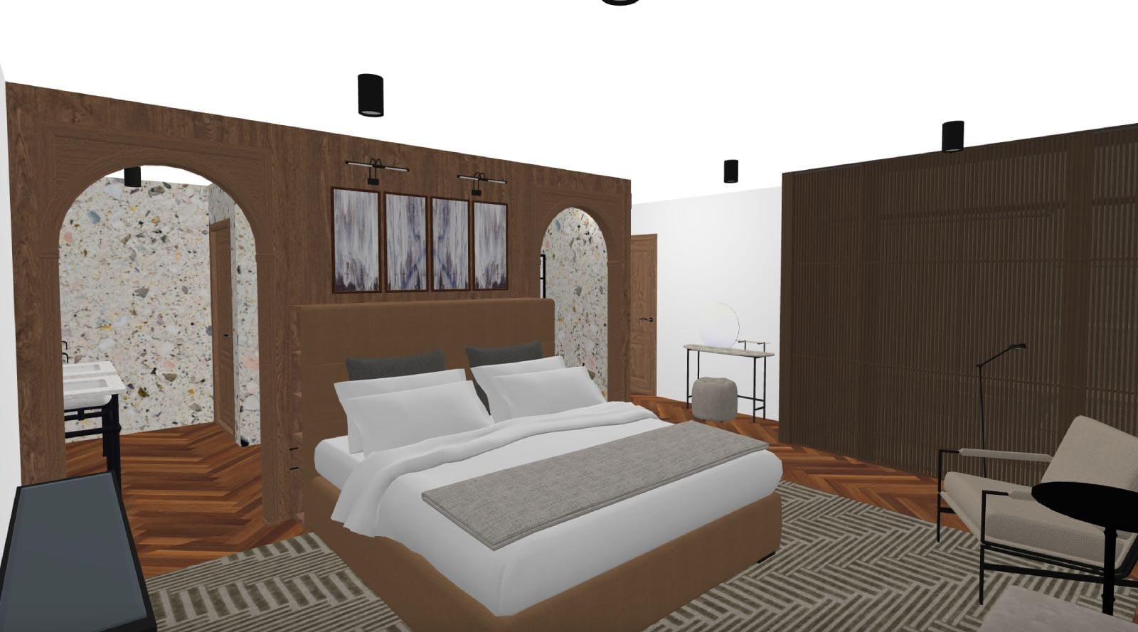 render 3D de dormitorio de diseño en colores neutros, planner 5d