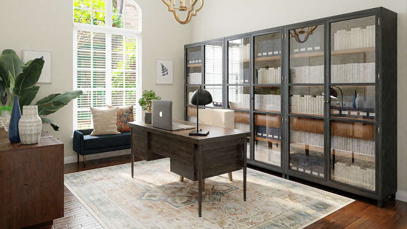 Decoración con muebles de vidrio: despacho con armario con puertas de cristal