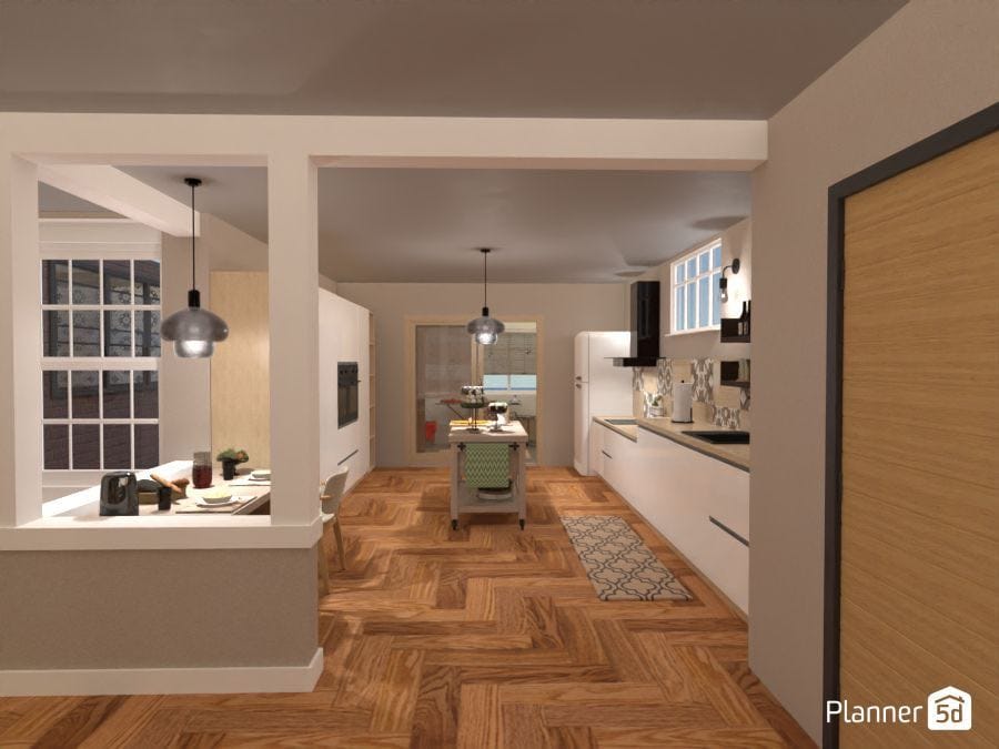 render 3d cocina en departamento moderno con software de decoración