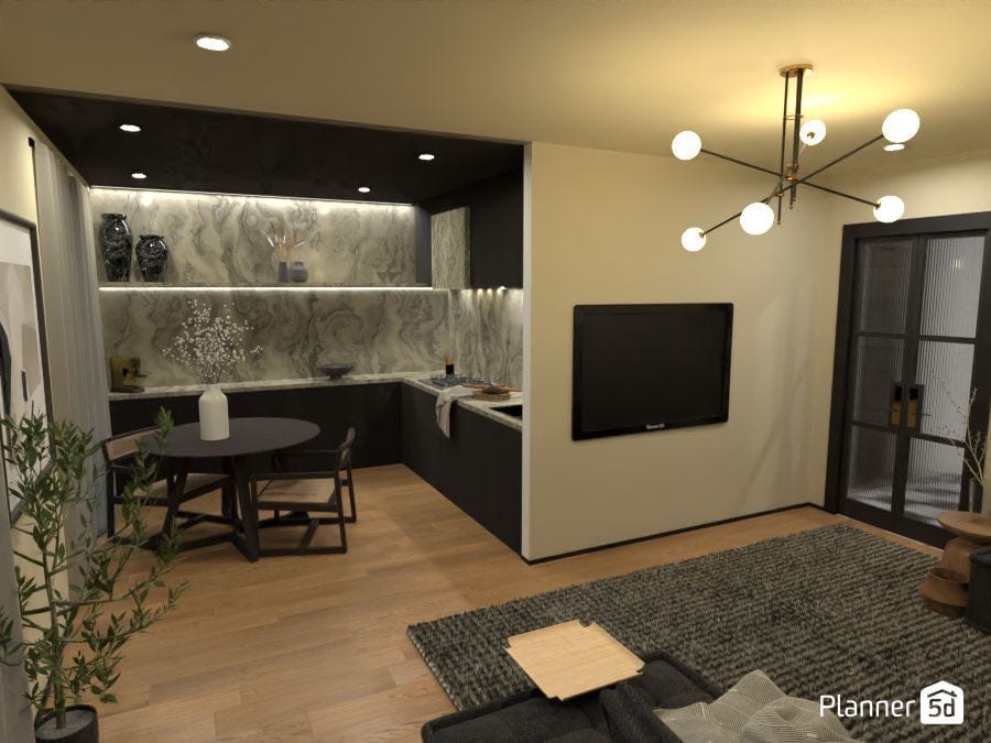 render 3d, cocina moderna, sala de estar, muebles negros, departamento de lujo