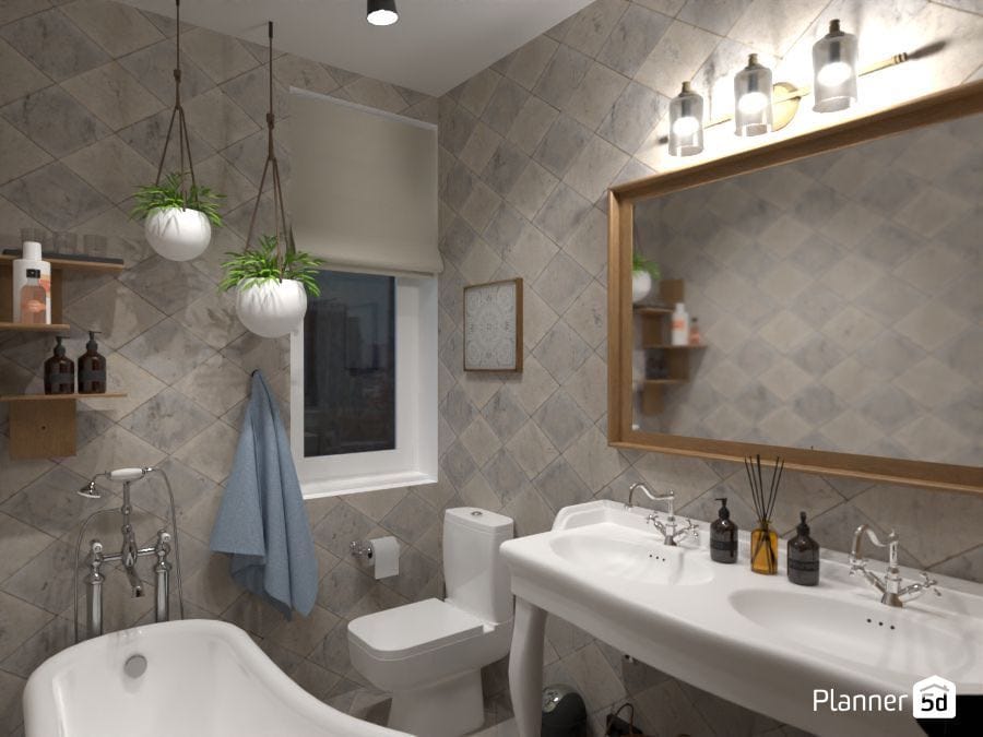 render 3d cuarto de baño, diseño de departamento pequeño de estilo Boho-chic