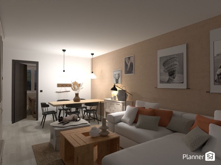 render 3d, diseño de departamento con sala de estar y comedor modernos, planner 5d