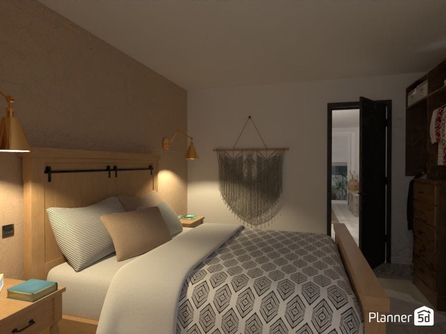 render 3d dormitorio, diseño de departamento pequeño de estilo Boho-chic