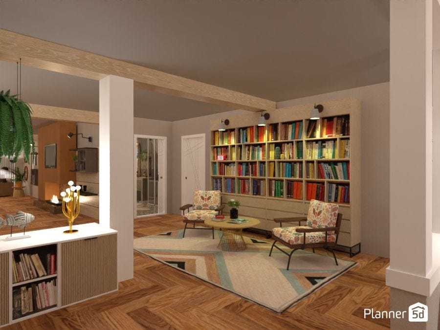 render 3d de departamento moderno, diseño de librería con sillones 