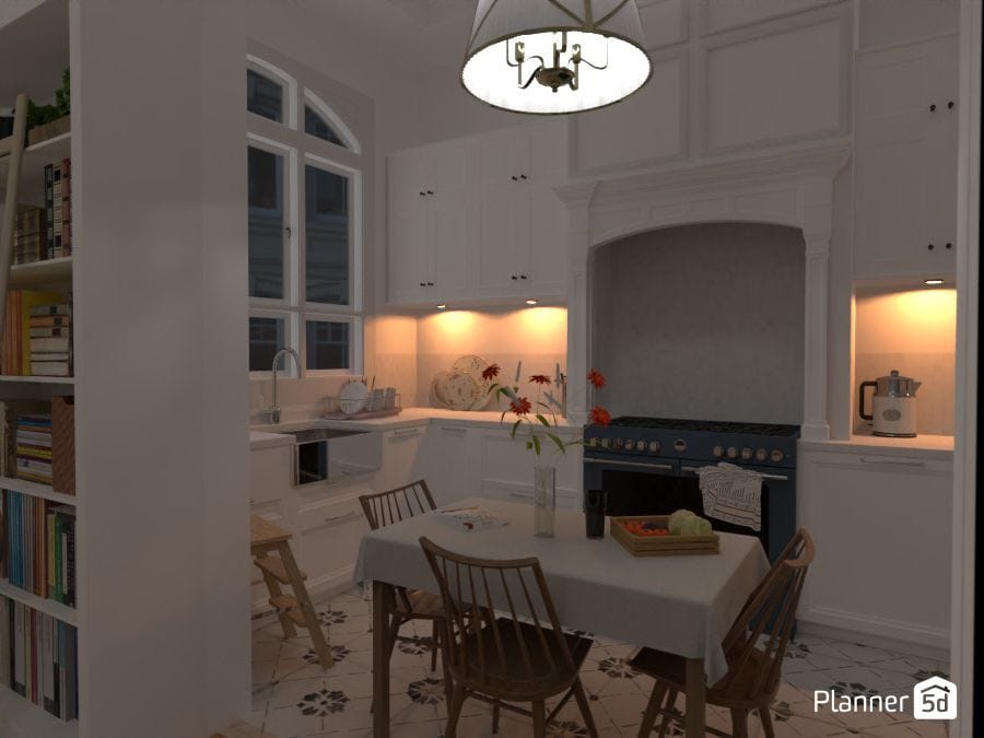 render 3d de cocina blanca estilo parisino, planner 5d, software de diseño de interiores